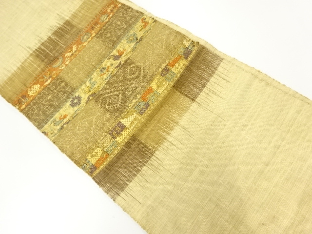 アンティーク　手織り真綿紬横段に花鳥模様織り出し名古屋帯